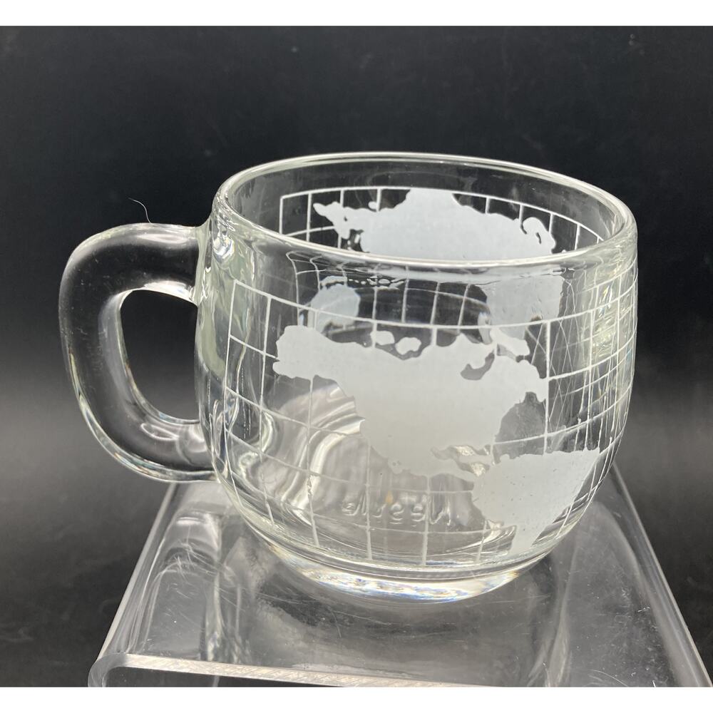 Nestle Nescafe Etched Clear Glass World Globe Coffee Mugs - Vintage Set of 4